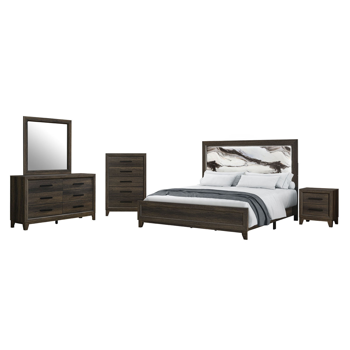 Dark brown bedroom set with bed, mirror, dresser chest, and two nightstands
