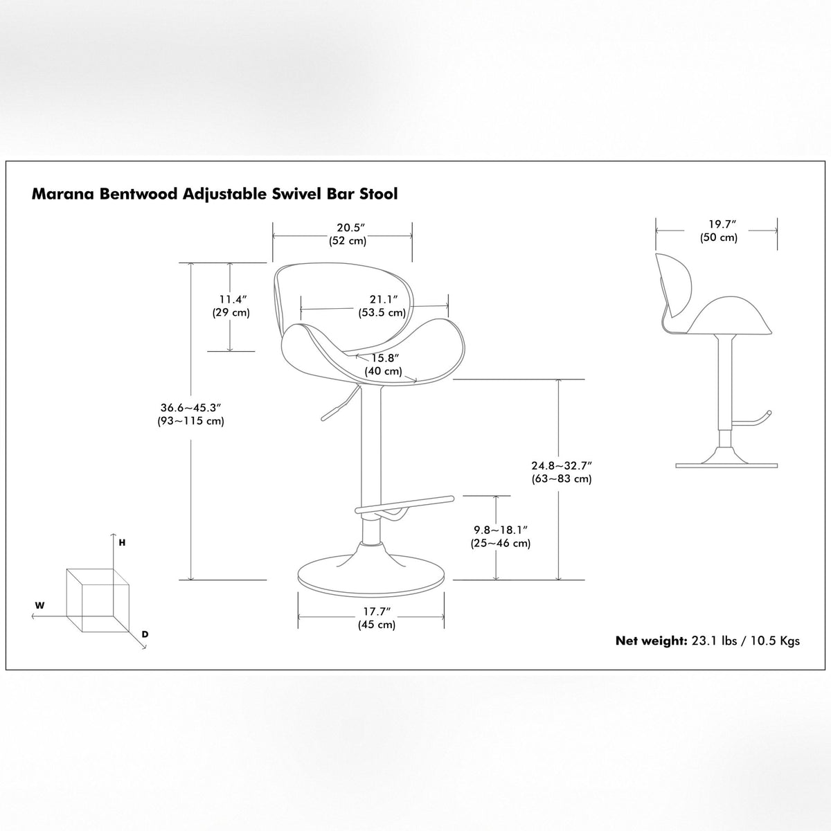 Bentwood swivel bar stool size diagram with adjustable height dimensions