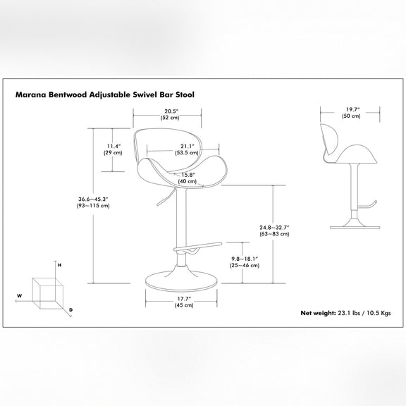 Bentwood swivel bar stool size diagram with adjustable height dimensions