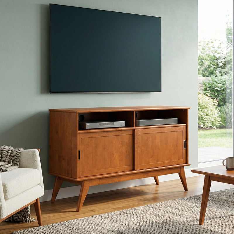 Mid-century TV media stand with two doors, open media shelf, warm brown wood tone