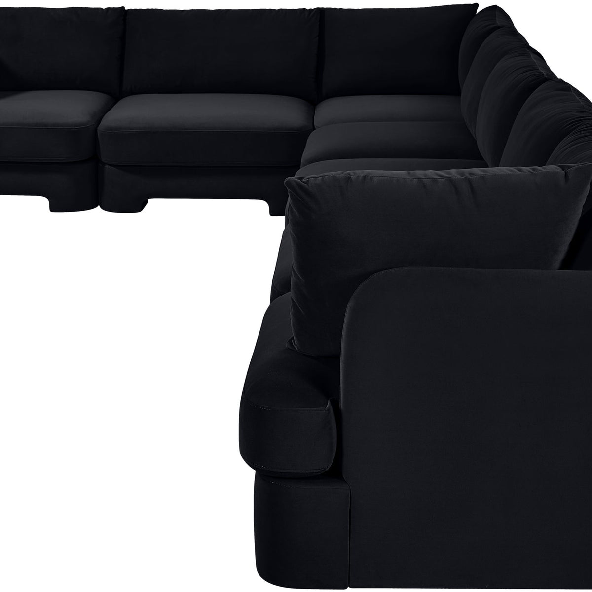 Black velvet performance fabric sectional sofa with rounded chaise and thick cushions