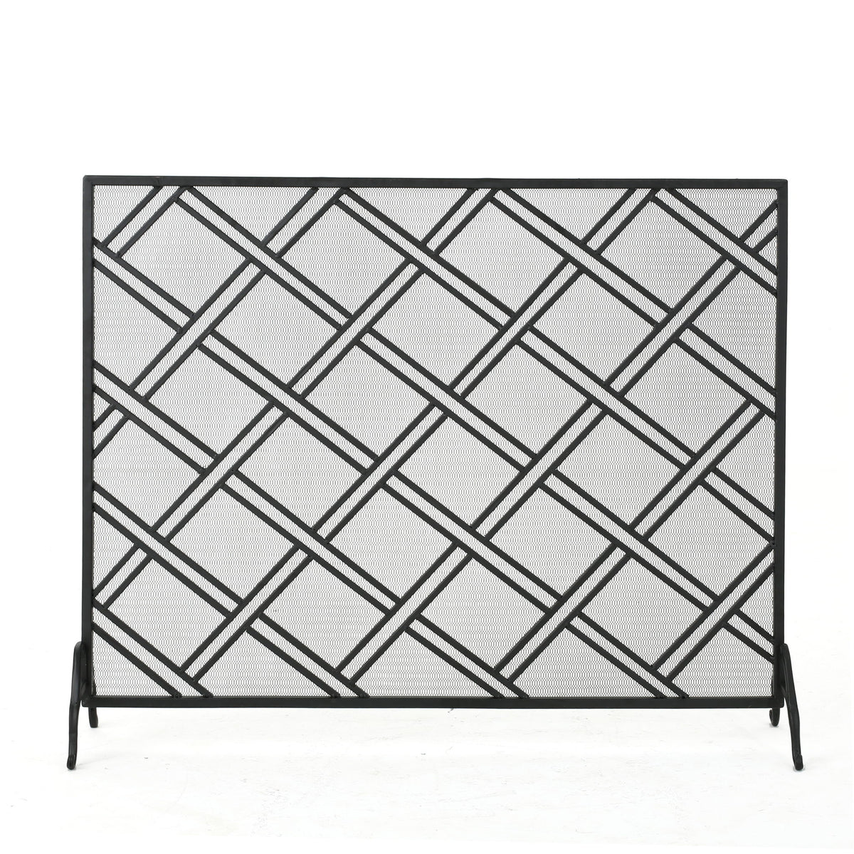 Black iron fire screen with diamond lattice pattern, curved feet and side supports