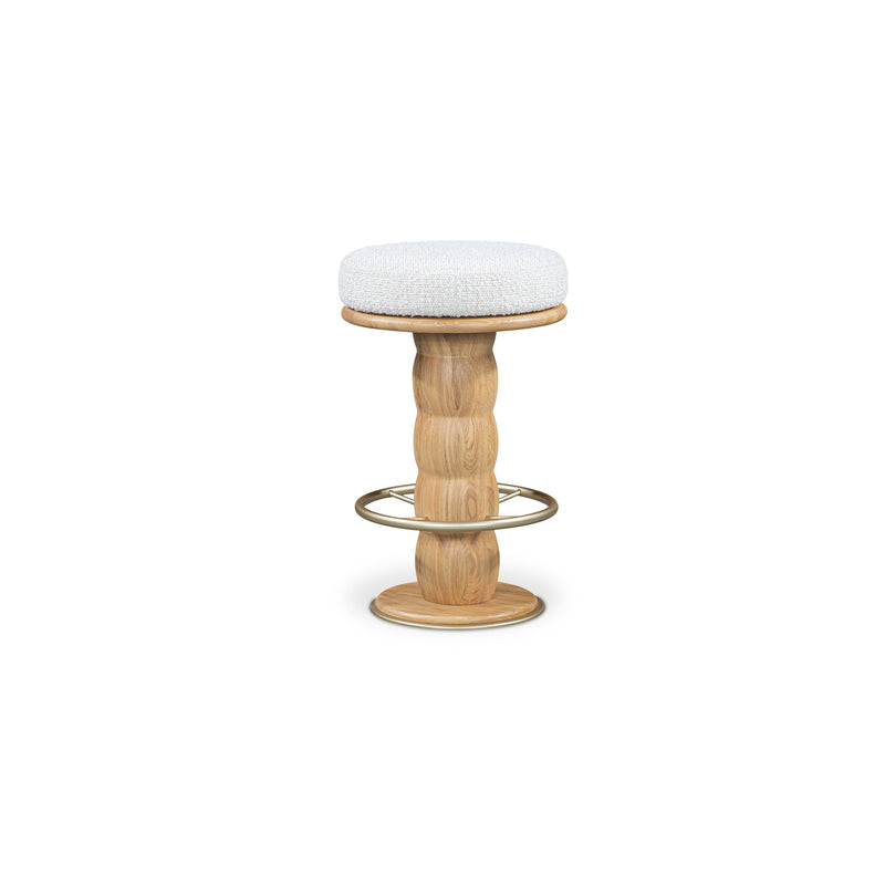 Swivel counter stool with round upholstered seat and light brown wooden pedestal