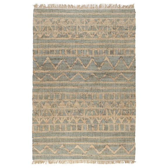 Distressed rug in light blue and beige with chevron bands and fringed ends