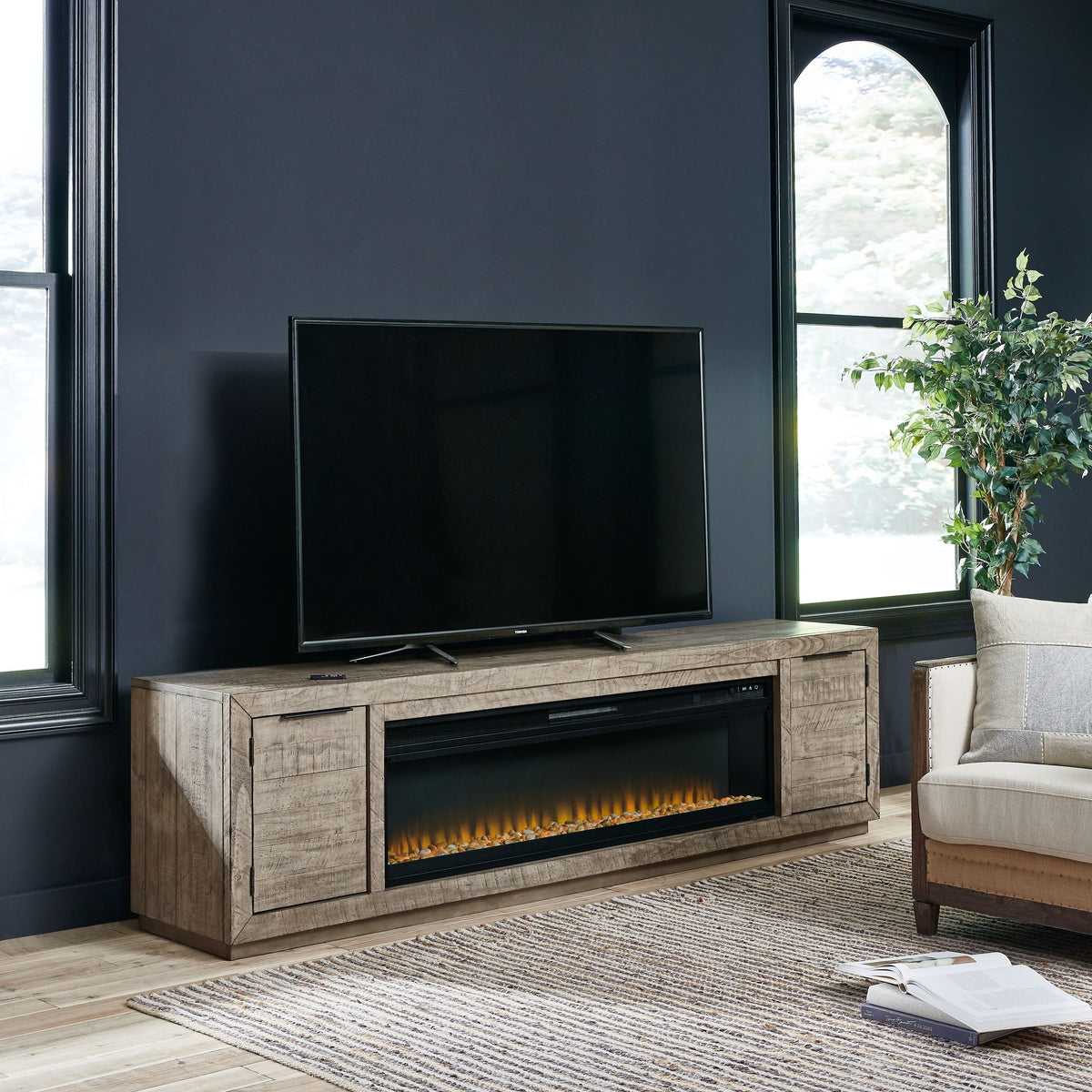 Krystanza - TV Stand with Wide Fireplace Insert - Weathered Gray