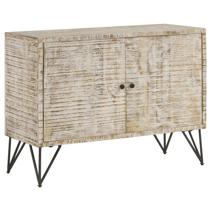 Two-door storage accent cabinet with distressed light wood finish and black metal legs