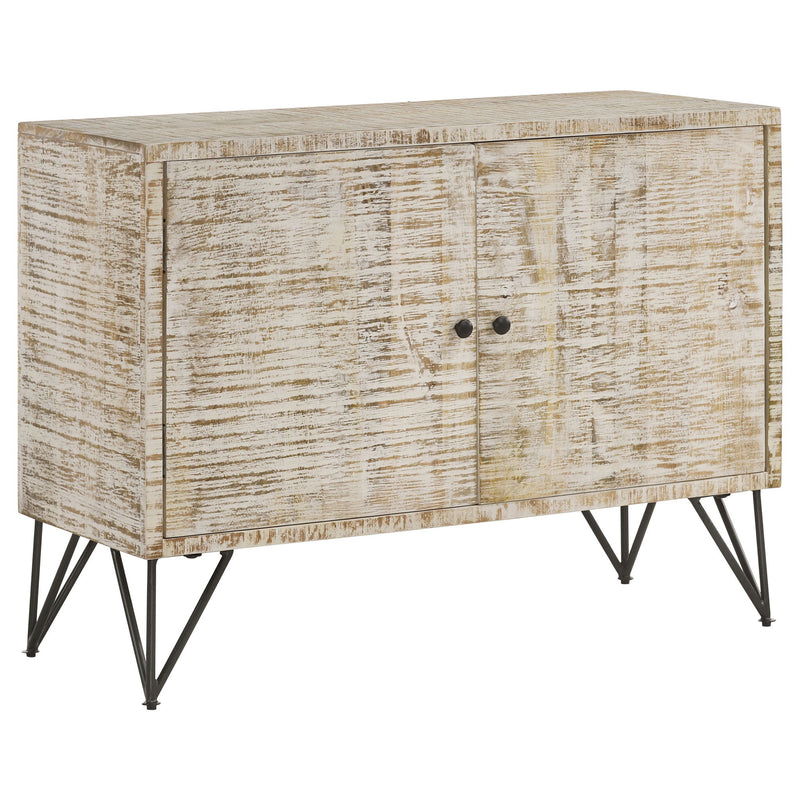 Two-door storage accent cabinet with distressed light wood finish and black metal legs