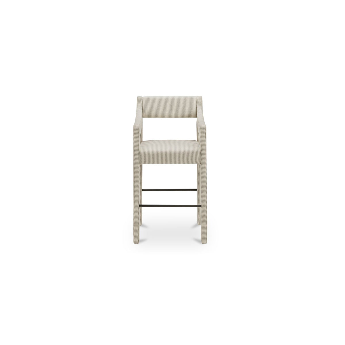 Elise counter stool in light neutral stripe upholstery, front view with open back and footrests