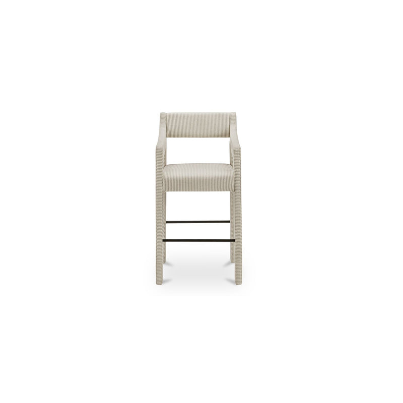 Elise counter stool in light neutral stripe upholstery, front view with open back and footrests