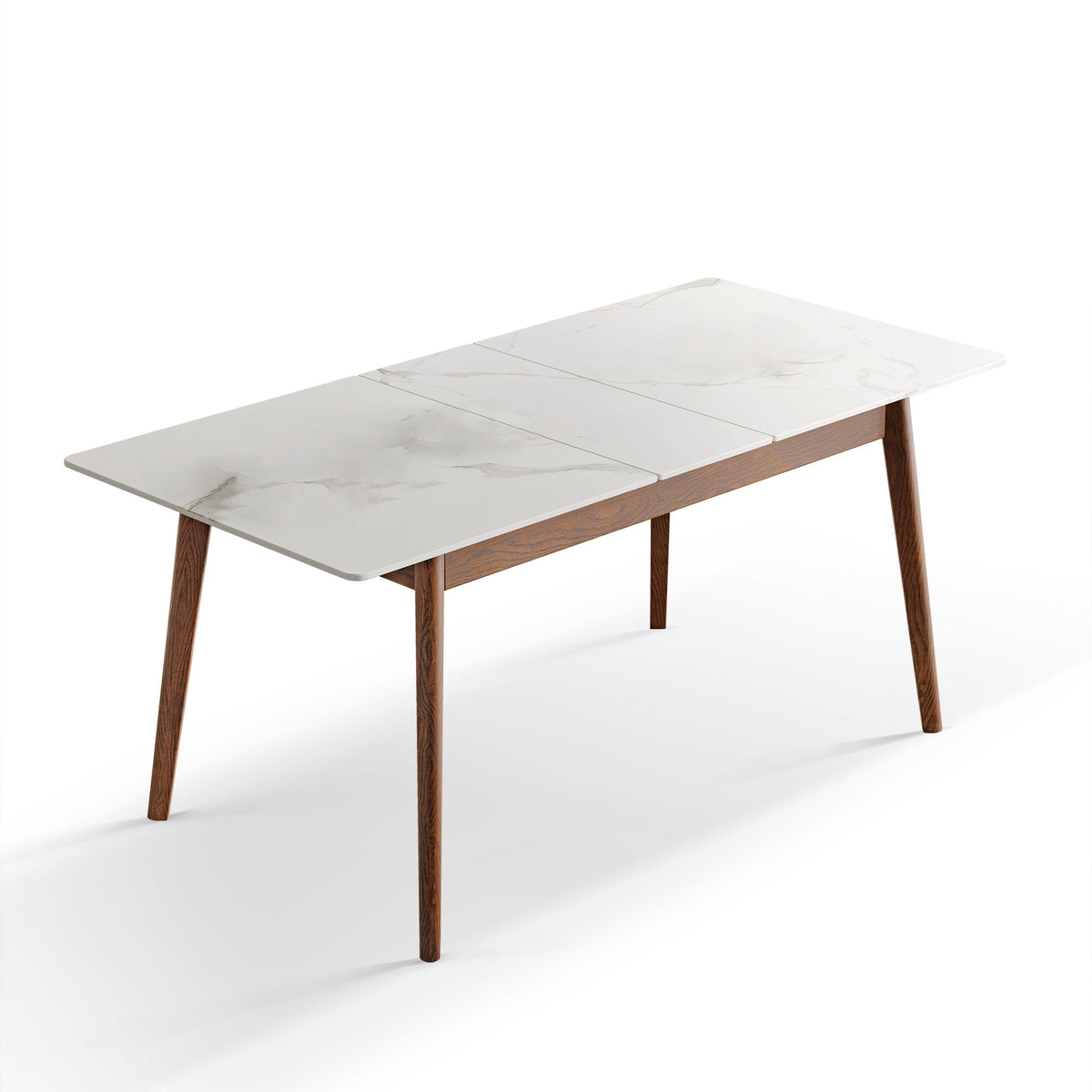 Extendable dining table with white marble-look top and diagonal dark wood legs
