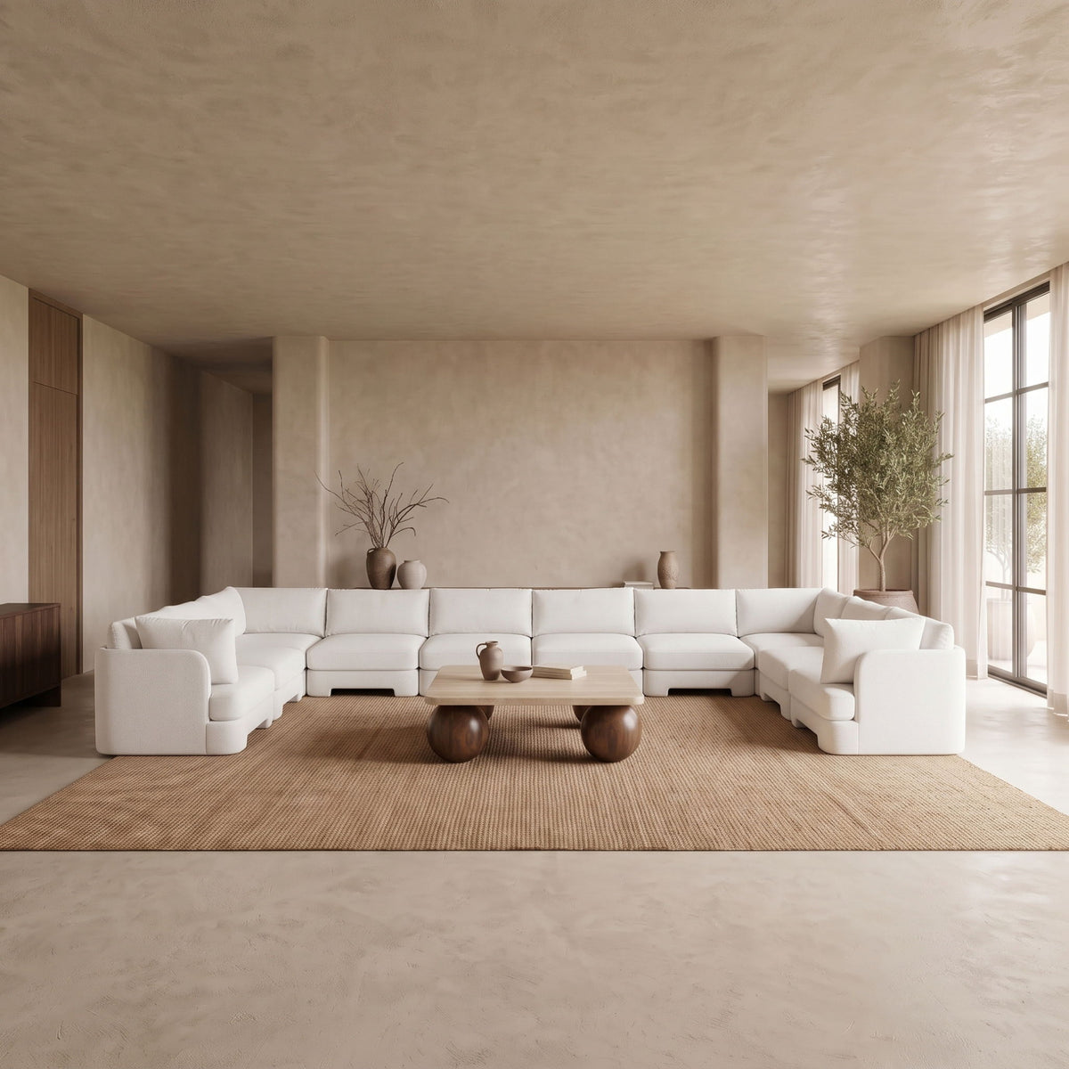 10-piece velvet sectional sofa in white, modular L-shape with chaise units.