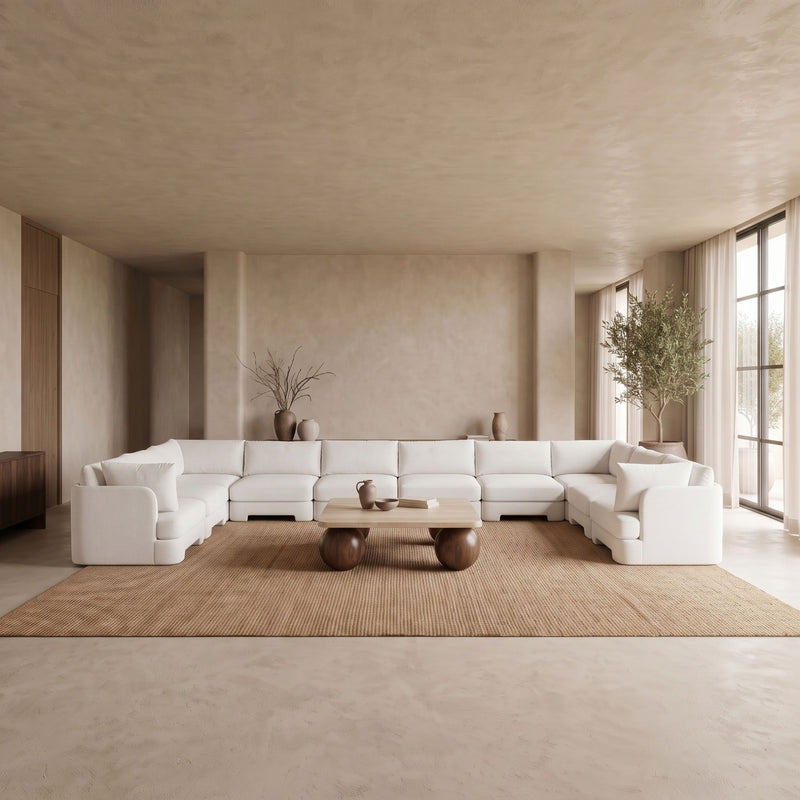 10-piece velvet sectional sofa in white, modular L-shape with chaise units.
