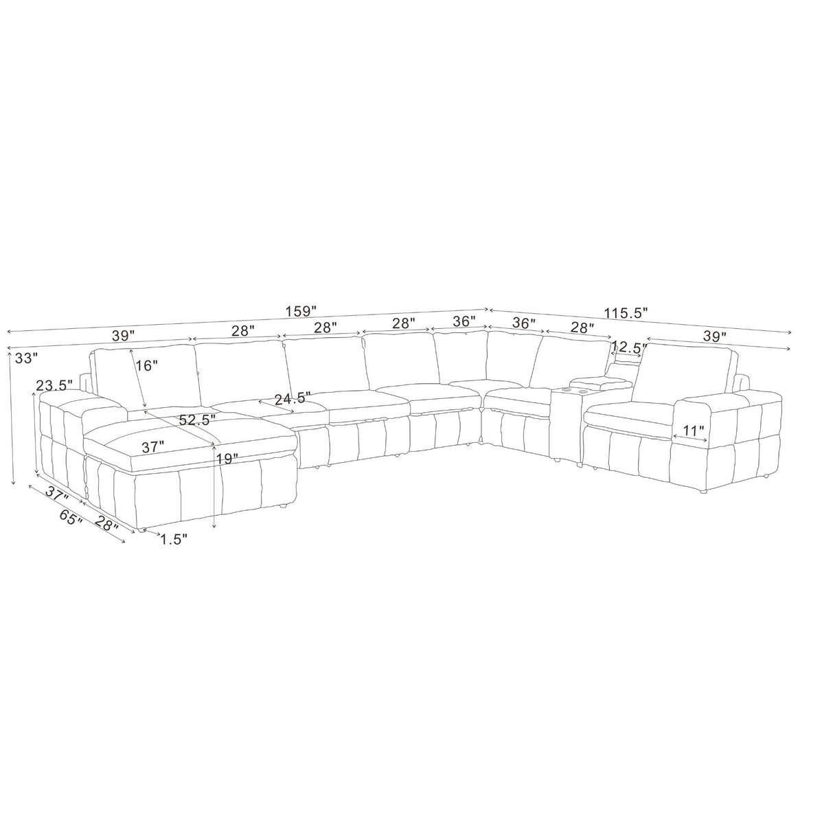 Modular sectional sofa layout diagram with large square arms and labeled dimensions