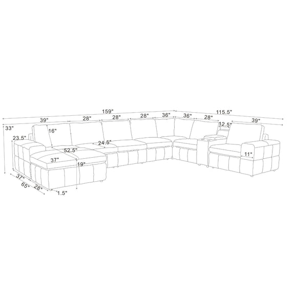 Modular sectional sofa layout diagram with large square arms and labeled dimensions