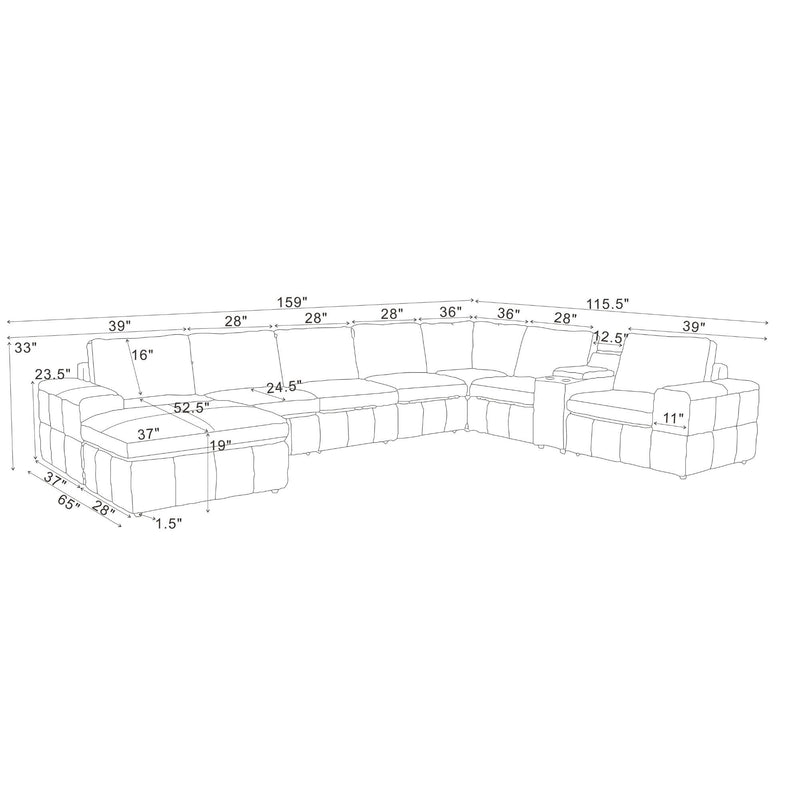 Modular sectional sofa layout diagram with large square arms and labeled dimensions