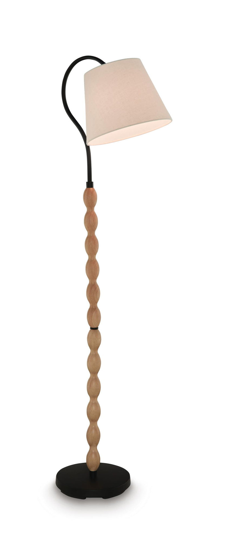 Brown wood floor lamp with black curved stand and light beige drum shade