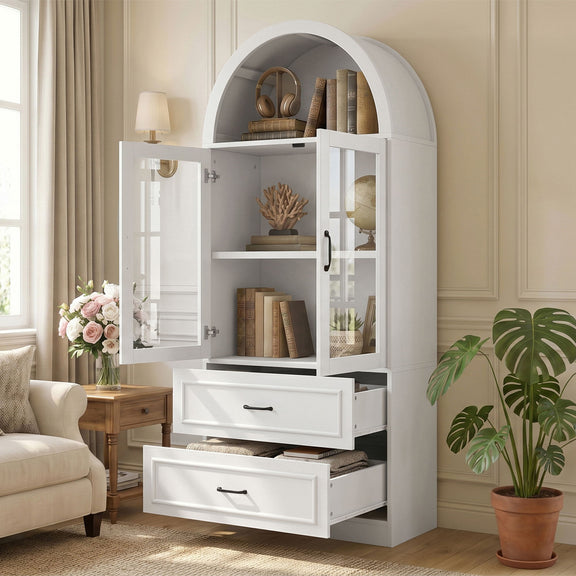 White arched-top storage cabinet with open doors, two fixed shelves, and two drawers