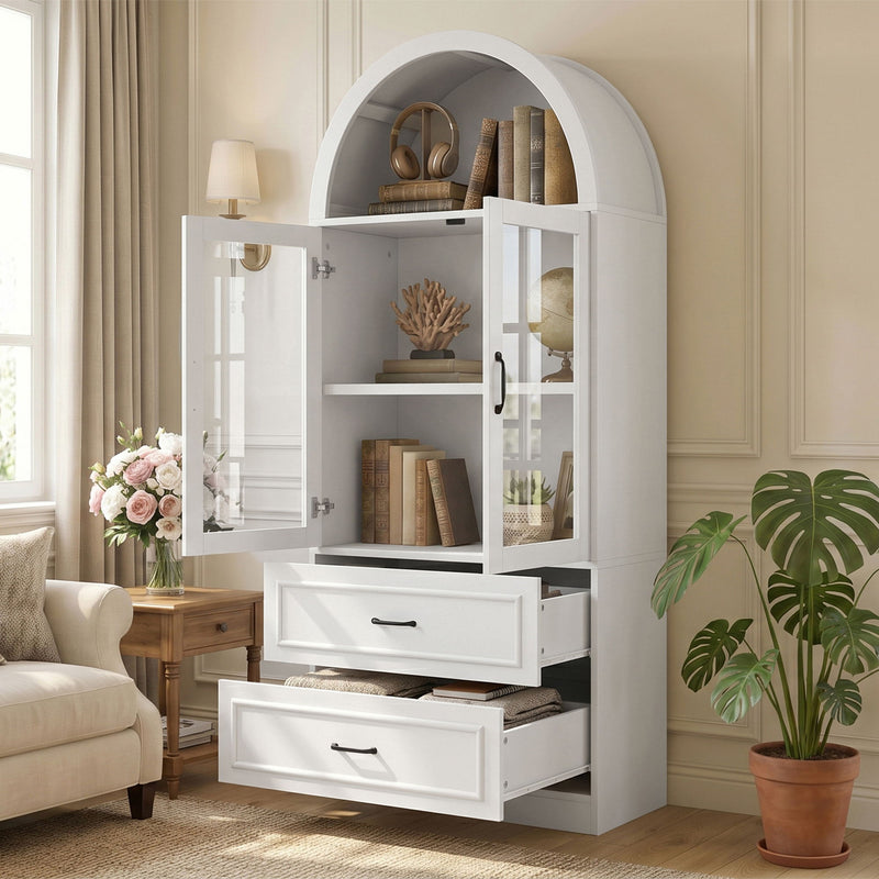 White arched-top storage cabinet with open doors, two fixed shelves, and two drawers