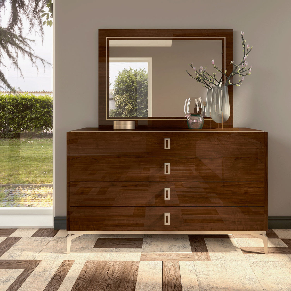 Brown walnut dresser with four drawers and square pulls, with wall mirror above