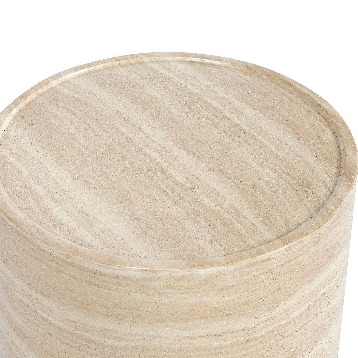 Outdoor round concrete table top, travertine finish with subtle swirling stone pattern.