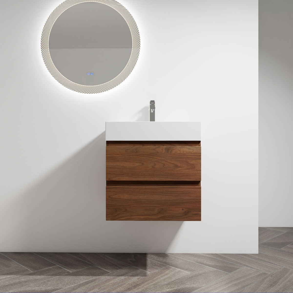 Dark brown wall-mounted bathroom vanity with white sink and two drawer fronts