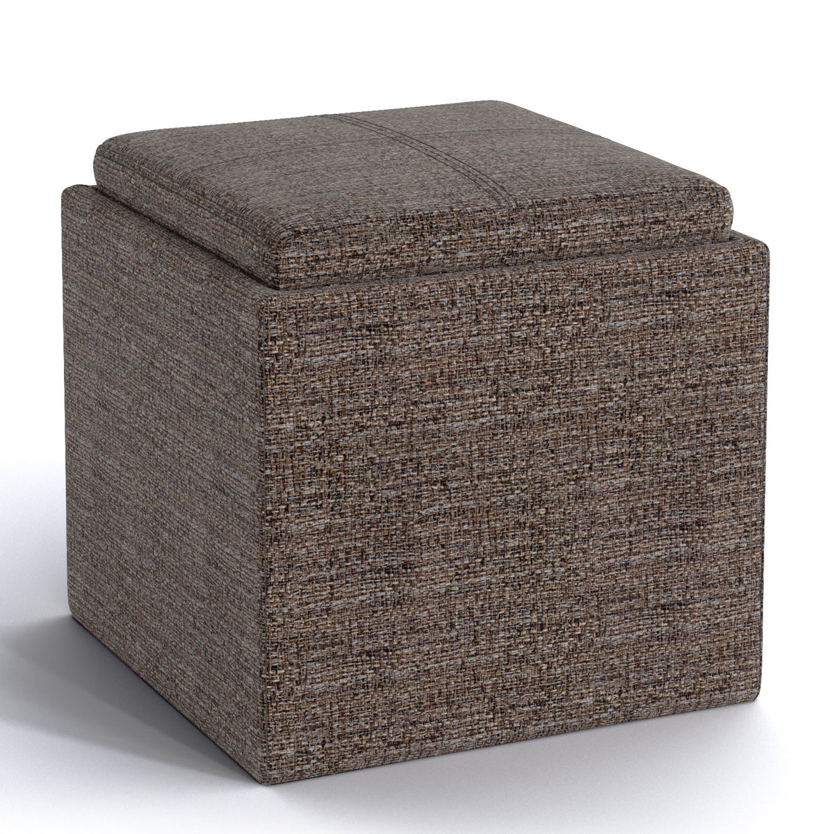 Gray upholstered cube storage ottoman with textured fabric and tufted top seam