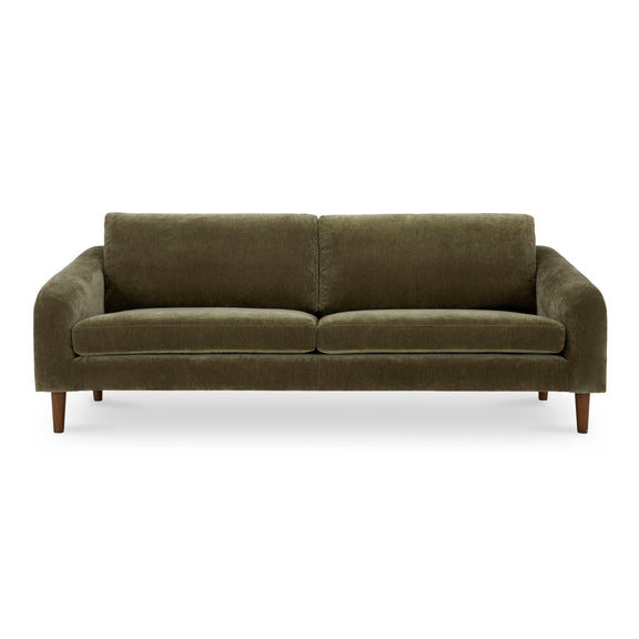 Cedar green fabric sofa, two-seat cushions, boxy arms, exposed wooden legs