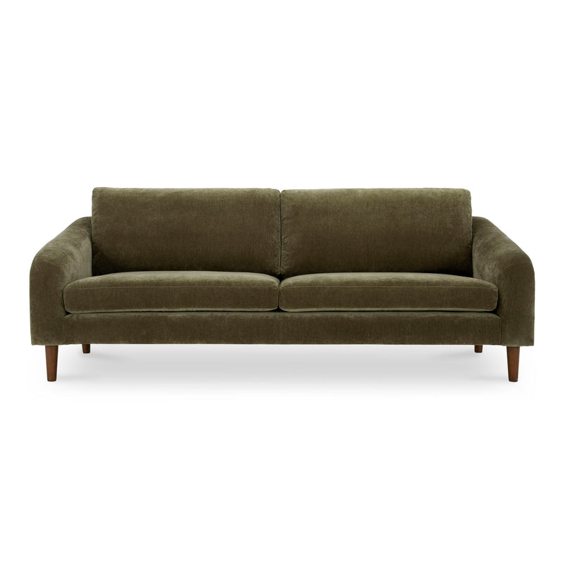 Cedar green fabric sofa, two-seat cushions, boxy arms, exposed wooden legs