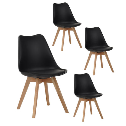 Set of 4 black dining chairs with curved back, padded seat, and light wood legs
