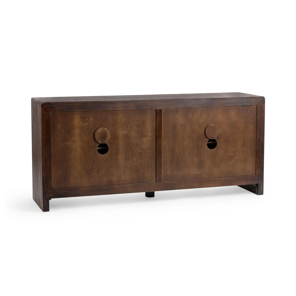 Dark brown wood cabinet with two round pulls on front doors