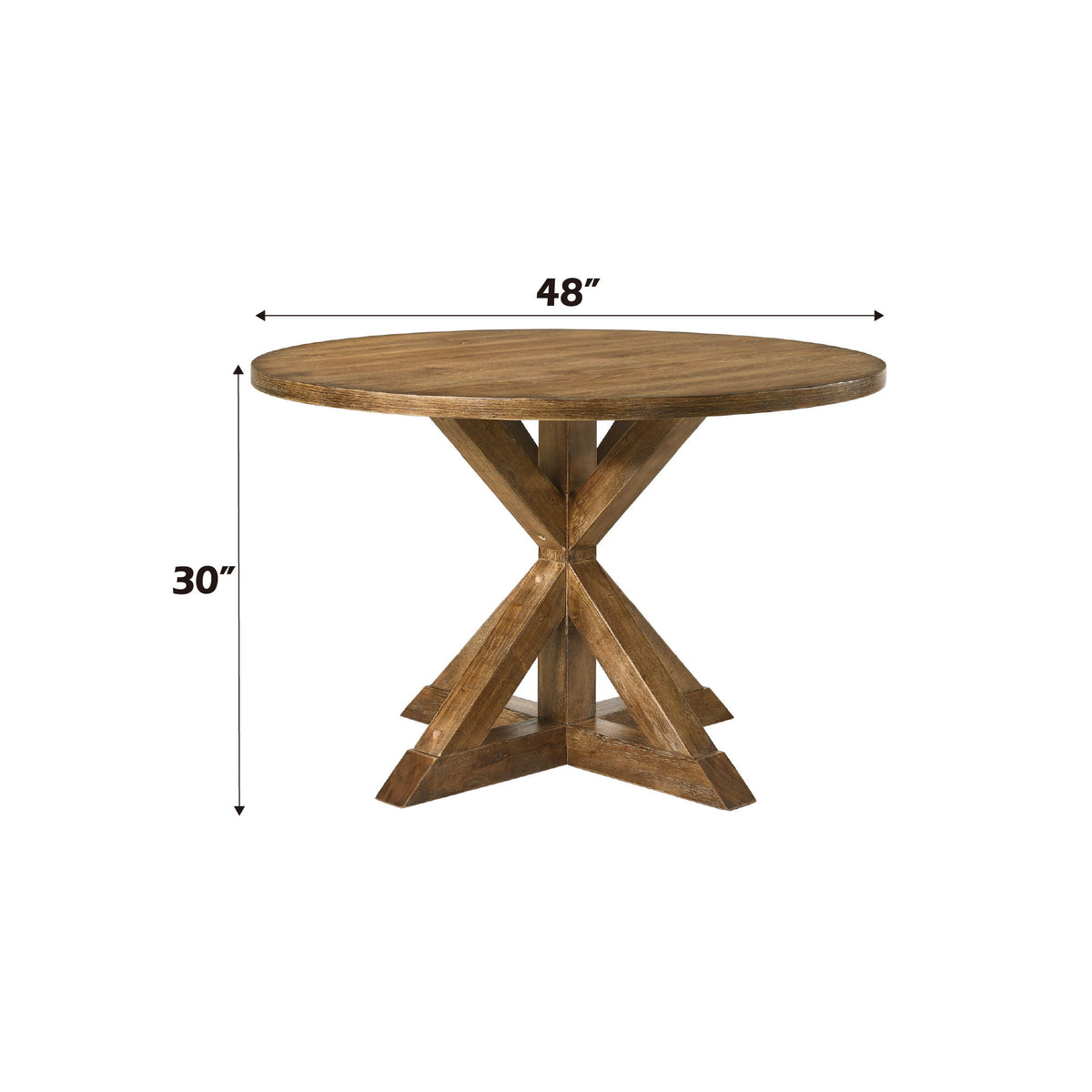 Round wood dining table, 48 in diameter, 30 in height with cross-leg pedestal
