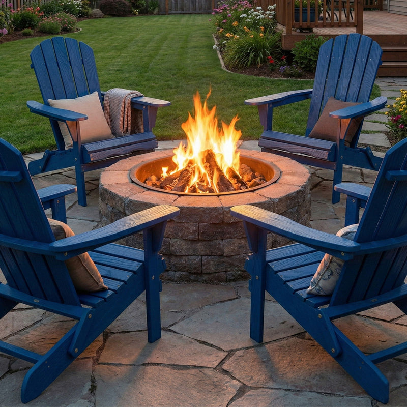 Navy folding Adirondack lounge chairs with embossed wood-grain finish around a fire pit