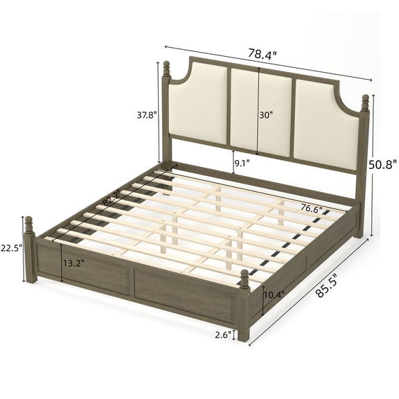 Upholstered platform bed frame with tall headboard and drawers, dark brown, cream panels