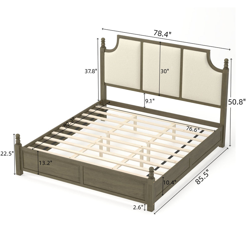 Upholstered platform bed frame with tall headboard and drawers, dark brown, cream panels