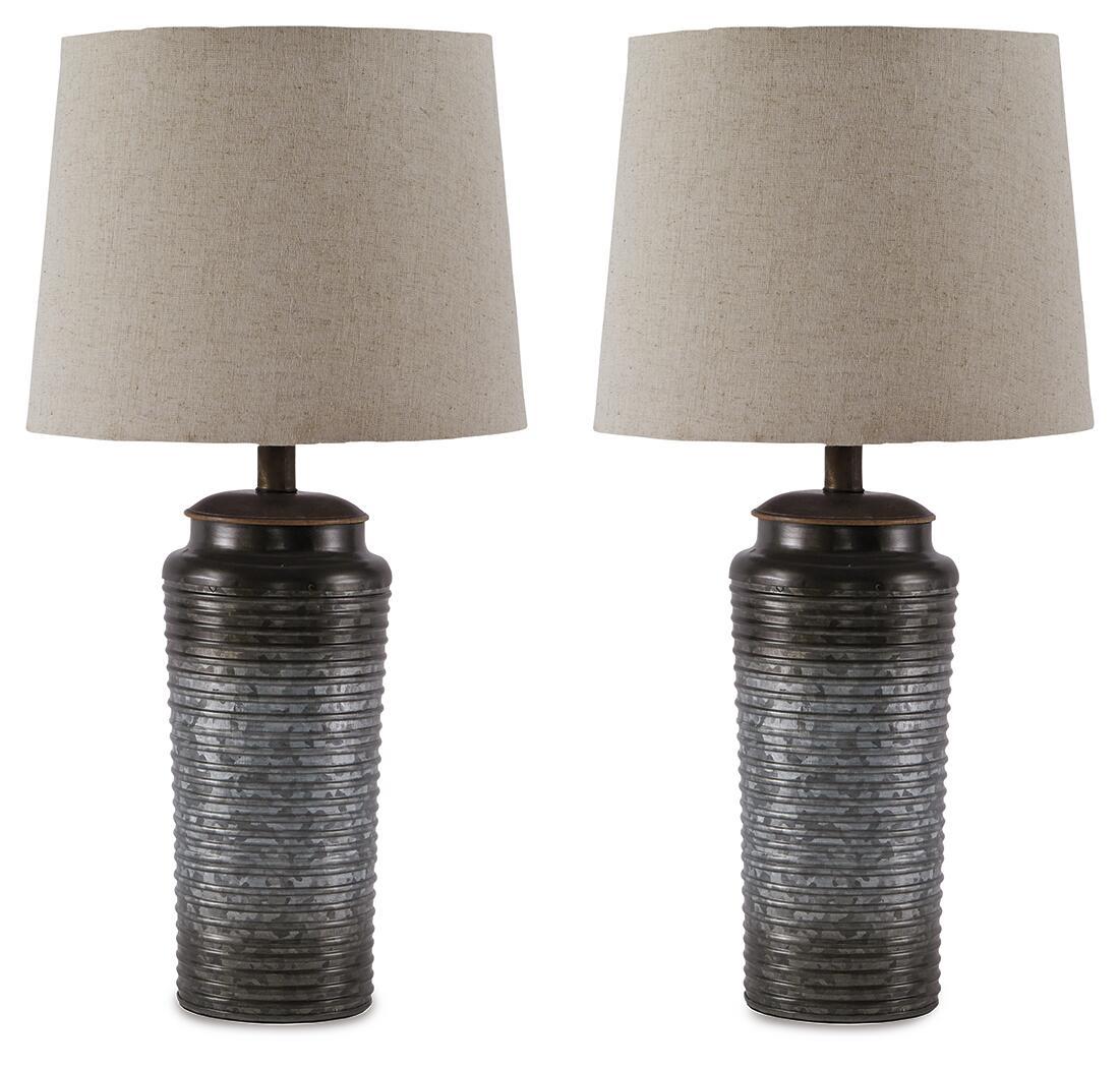 Set of 2 gray metal table lamps with beige drum fabric shades