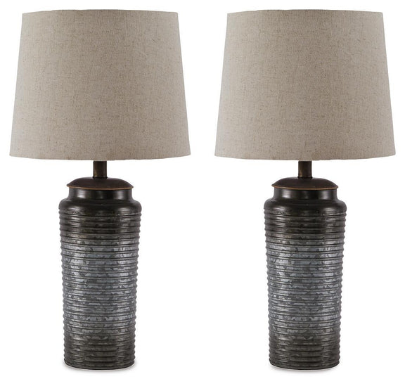 Set of 2 gray metal table lamps with beige drum fabric shades