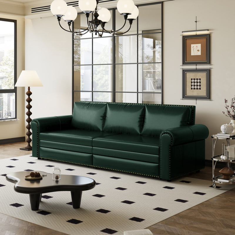 Dark green faux leather convertible sofa bed with tufted back and rolled armrests
