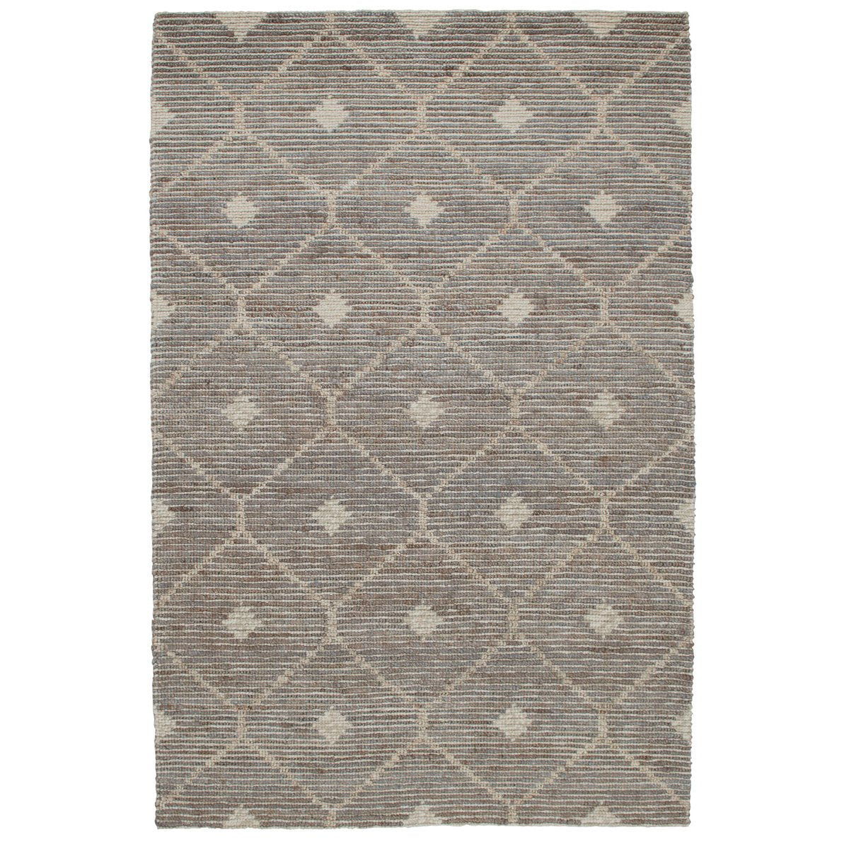 Rectangular stone gray rug with dense diamond pattern and mottled woven texture