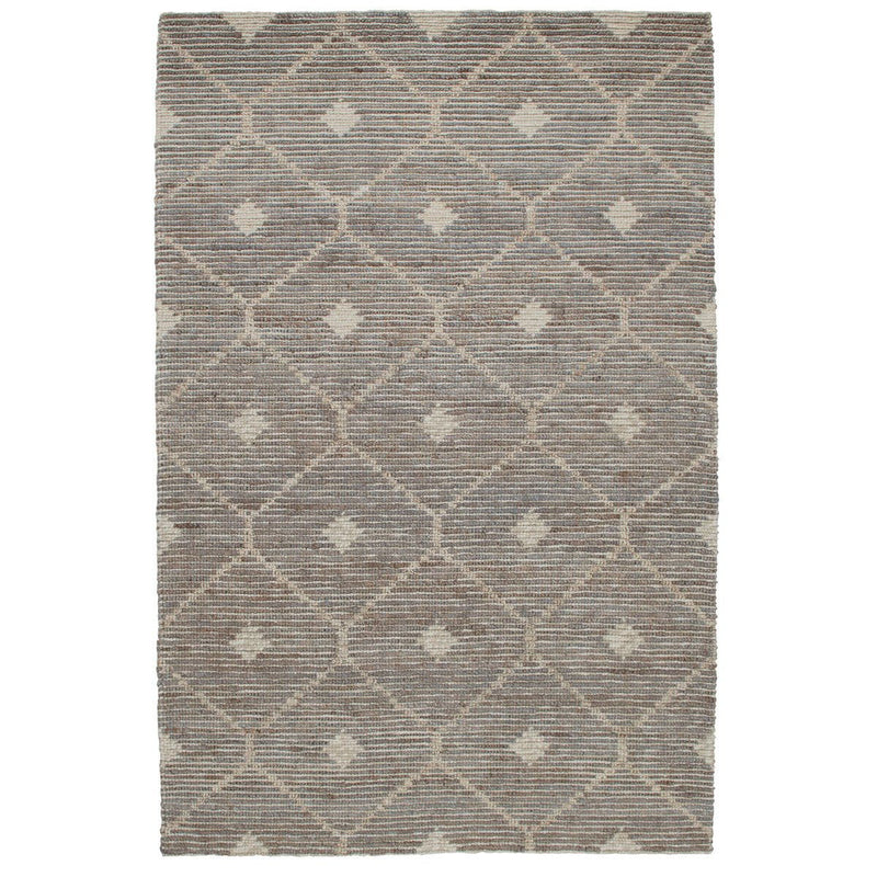Rectangular stone gray rug with dense diamond pattern and mottled woven texture