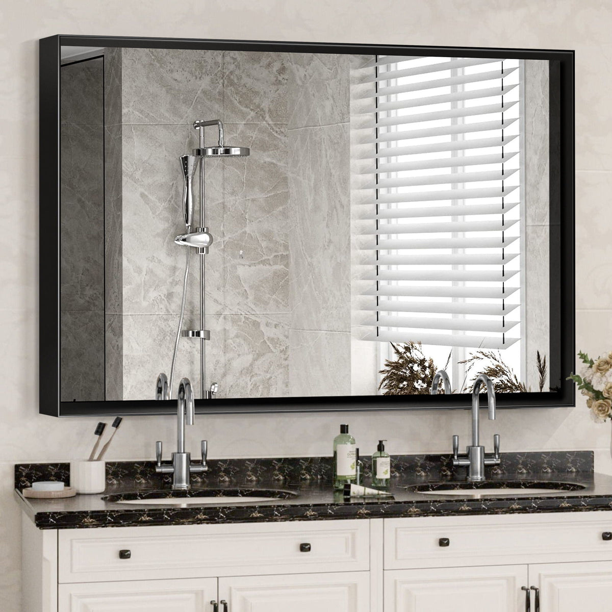 Black rectangular wall mirror with slim metal frame and reflective glass, wall-mounted