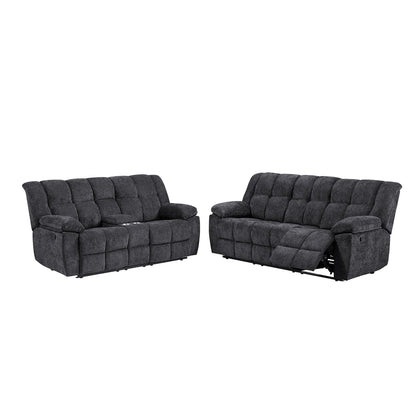 Black reclining sofa set with tufted backs, padded arms, and cushioned seats