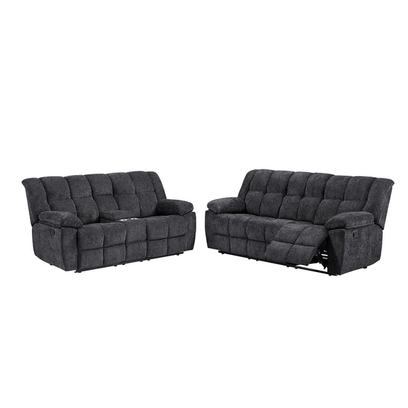 Black reclining sofa set with tufted backs, padded arms, and cushioned seats