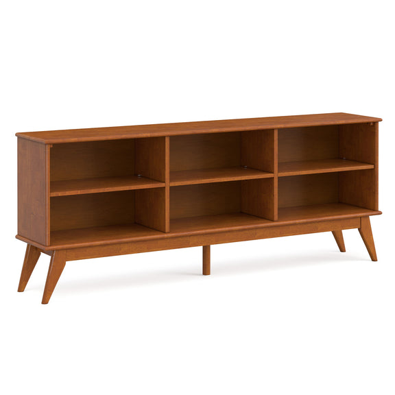 Brown low bookcase with open shelves and angled legs, side view.