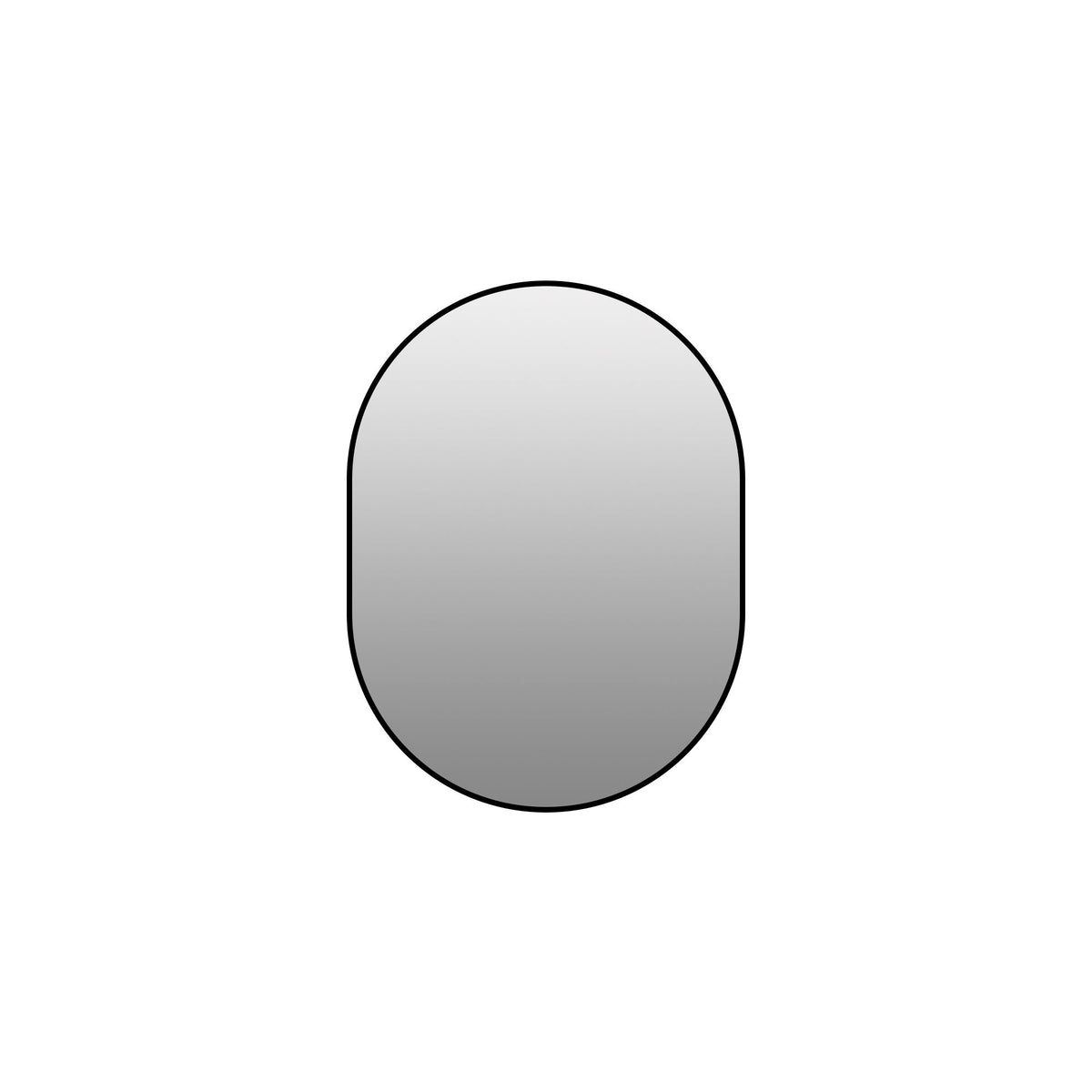 Black-framed oval bathroom mirror, smooth arched outline with reflective glass
