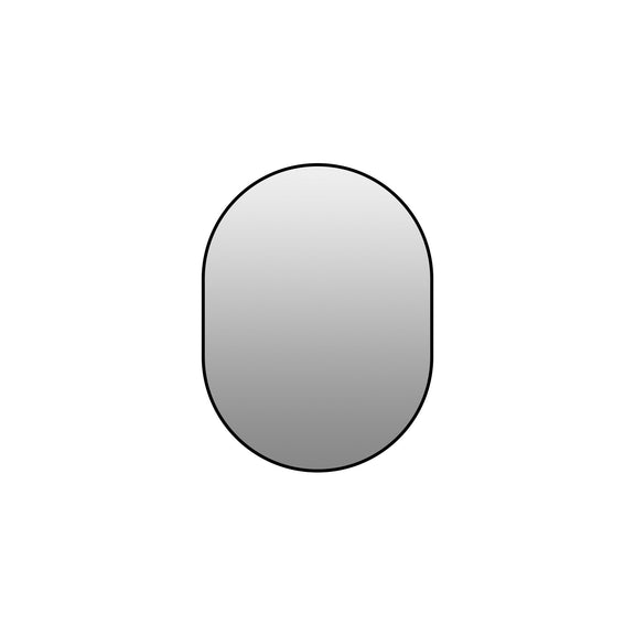 Black-framed oval bathroom mirror, smooth arched outline with reflective glass