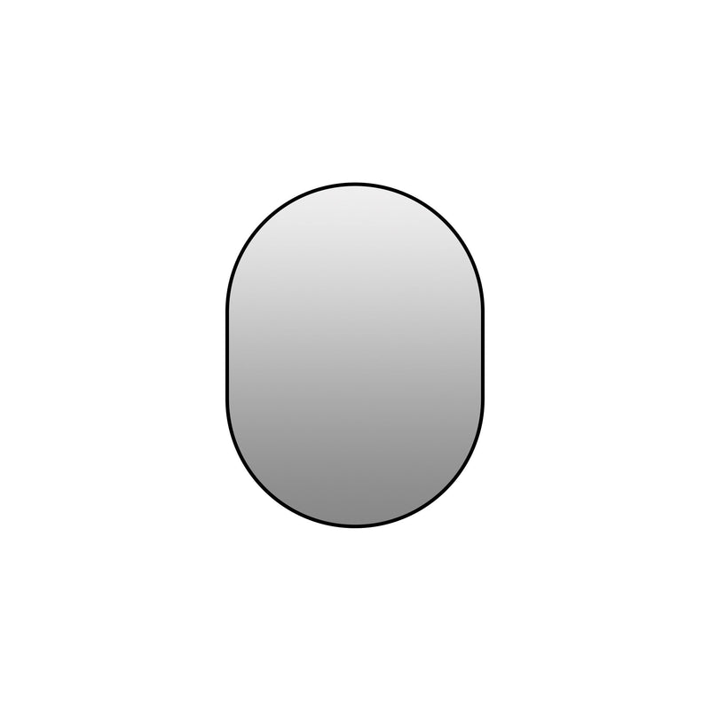 Black-framed oval bathroom mirror, smooth arched outline with reflective glass