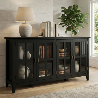 Black wide storage cabinet with four glass-paneled doors and interior shelves
