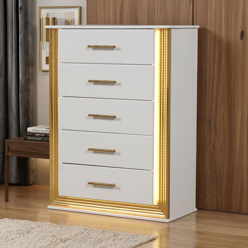 White LED 5-drawer chest with gold handles and lit vertical LED strip