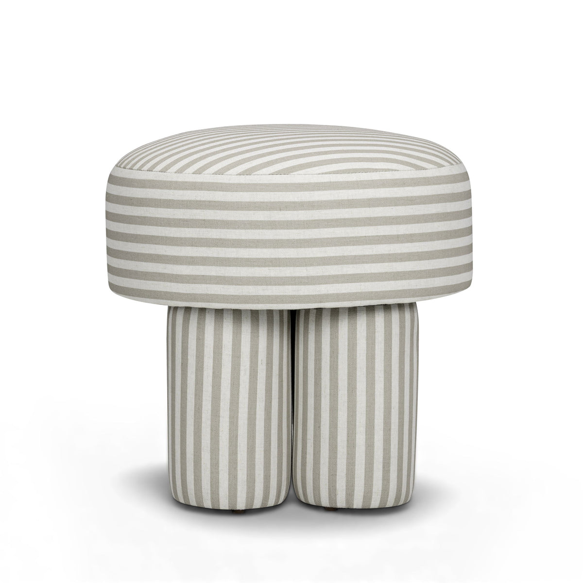 Gray and cream striped accent stool with round cushioned top and two padded legs.