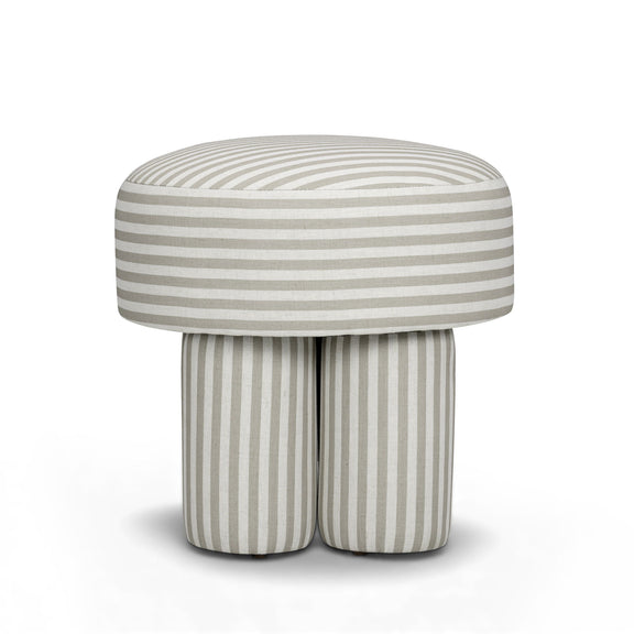 Gray and cream striped accent stool with round cushioned top and two padded legs.